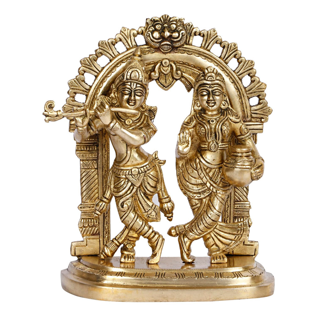 ARTVARKO Radha Krishna Brass Murti Murli Kishan Playing Flute Radha Standing with Pitcher on Kirtimukha Singhasana Height 21.5 cm