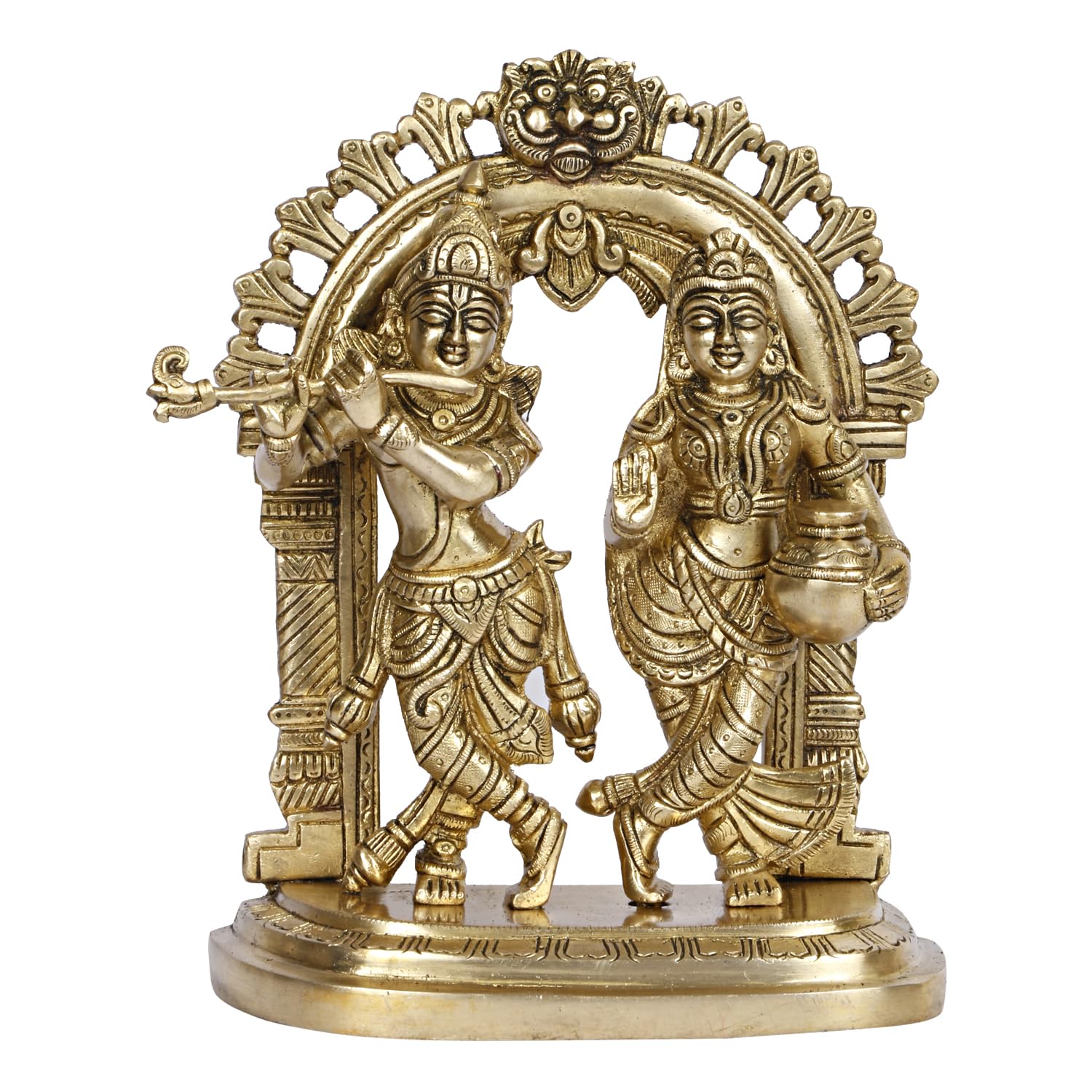 ARTVARKO Radha Krishna Brass Murti Murli Kishan Playing Flute Radha Standing with Pitcher on Kirtimukha Singhasana Height 21.5 cm