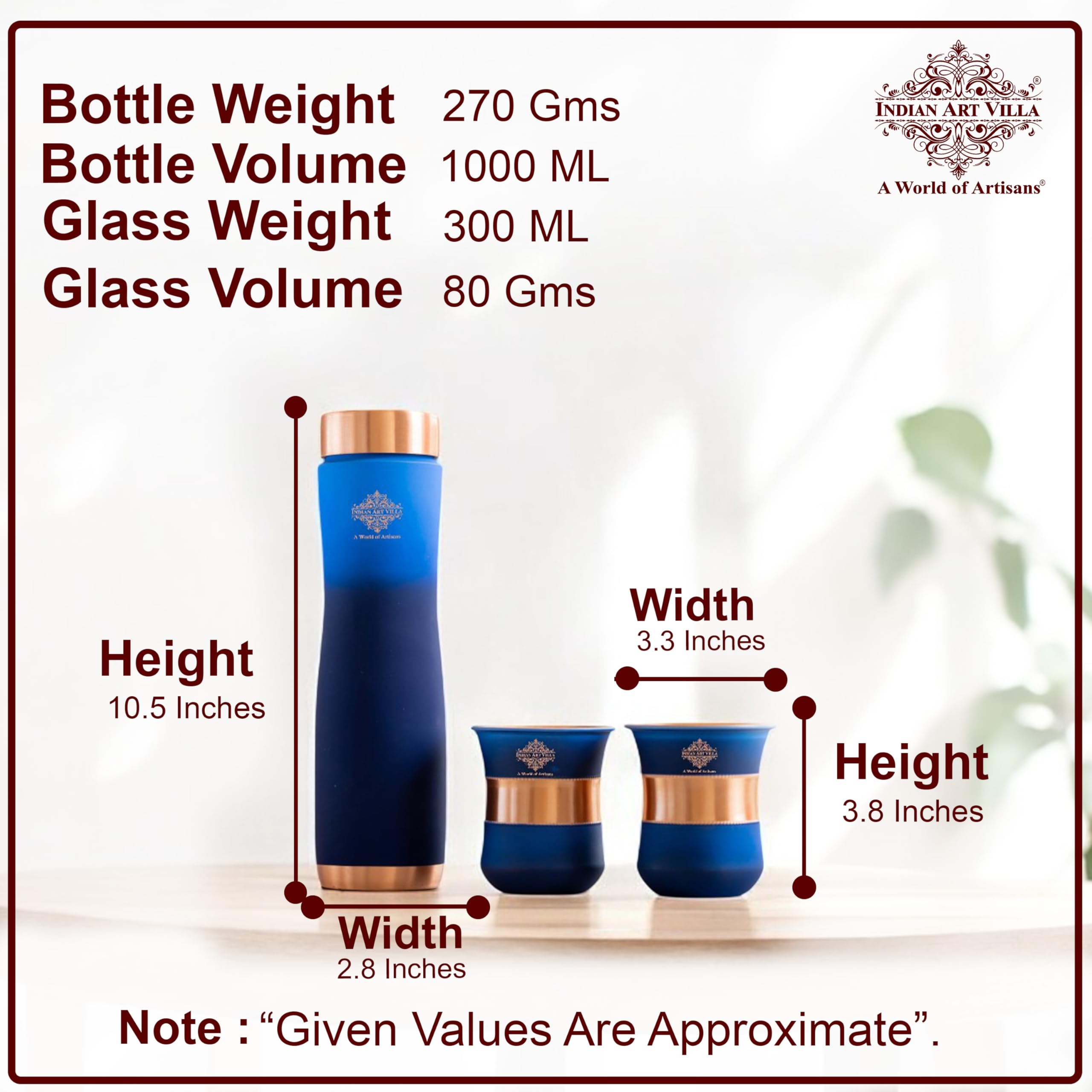 INDIAN ART VILLA Copper Bottle & Glass Gift Set - 950 ml Water Bottle & 2 Glasses (300 ml Each) - Pure Copper with Blue Ombre Silk Finish, Perfect for Gifting & Everyday Use
