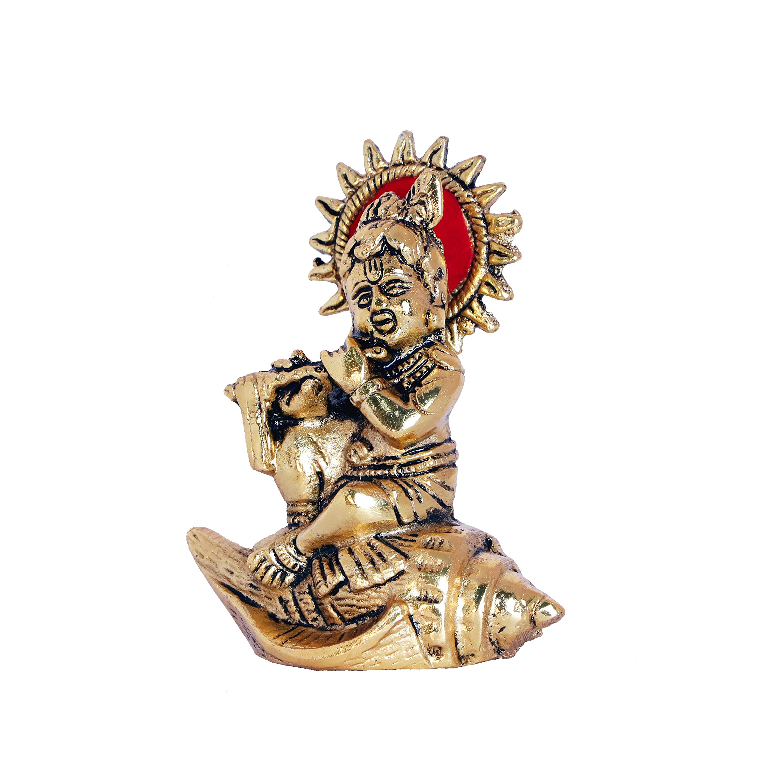 KridayKraft Lord Krishna On Shankh Metal Statue Bal Laddu Gopal Murti Playing Flute Decorative Showpiece for Pooja Room Home Office Decor Religious Idol Figurine for Study Table & Gifting Purpose