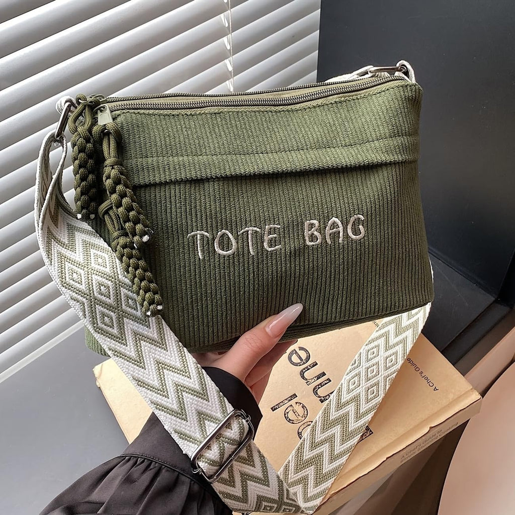 Street27 Women’s Premium Corduroy Tote Bag with Adjustable Wide Strap, Multi-Pocket Crossbody & Shoulder Handbag, Lightweight Everyday Carry with Secure Zipper Closure | (Green)