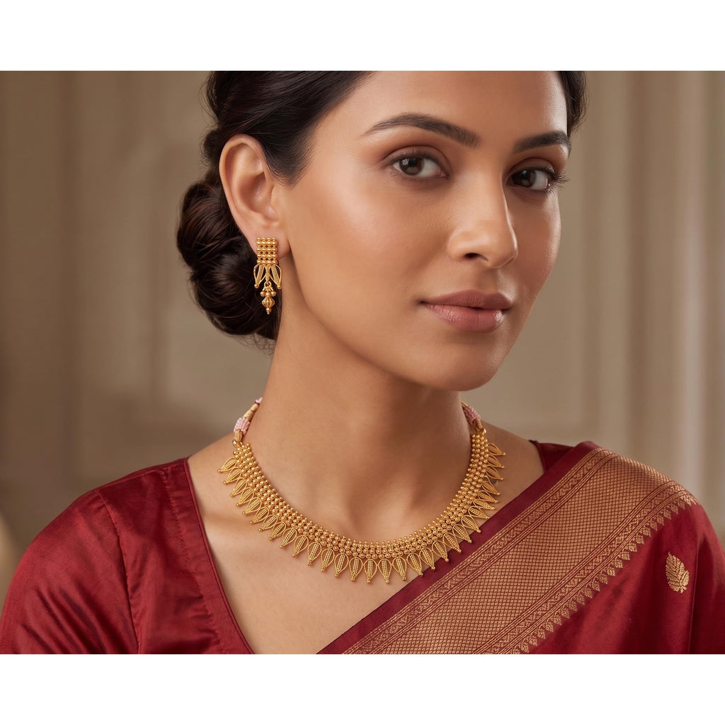 JFL - Jewellery for Less Traditional One Gram Gold Plated Necklace Set for Women | Design Handmade Mesh Pattern Necklace with Matching Drop Earrings | Ethnic Wedding, Bridal & Festive Jewellery
