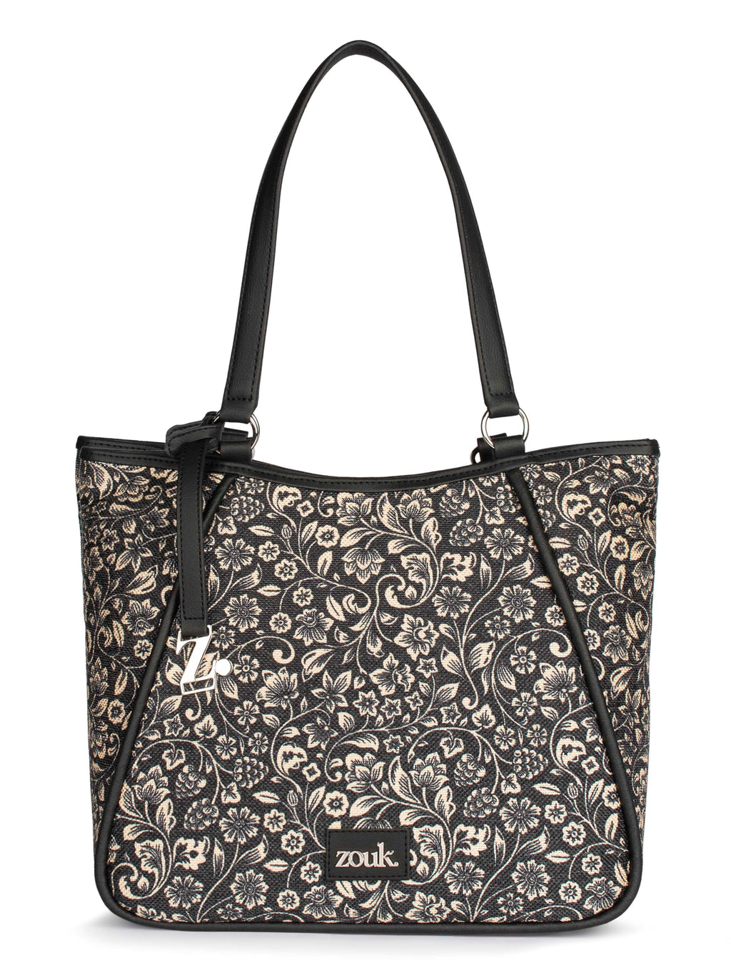 ZOUK Naisha Black Floral Tote Bag for Women | Vegan Leather Large Shoulder Handbag with Bottle Holder, Multiple Pockets & Water-Resistant Lining | Office, Travel & Daily Use | FloMotif