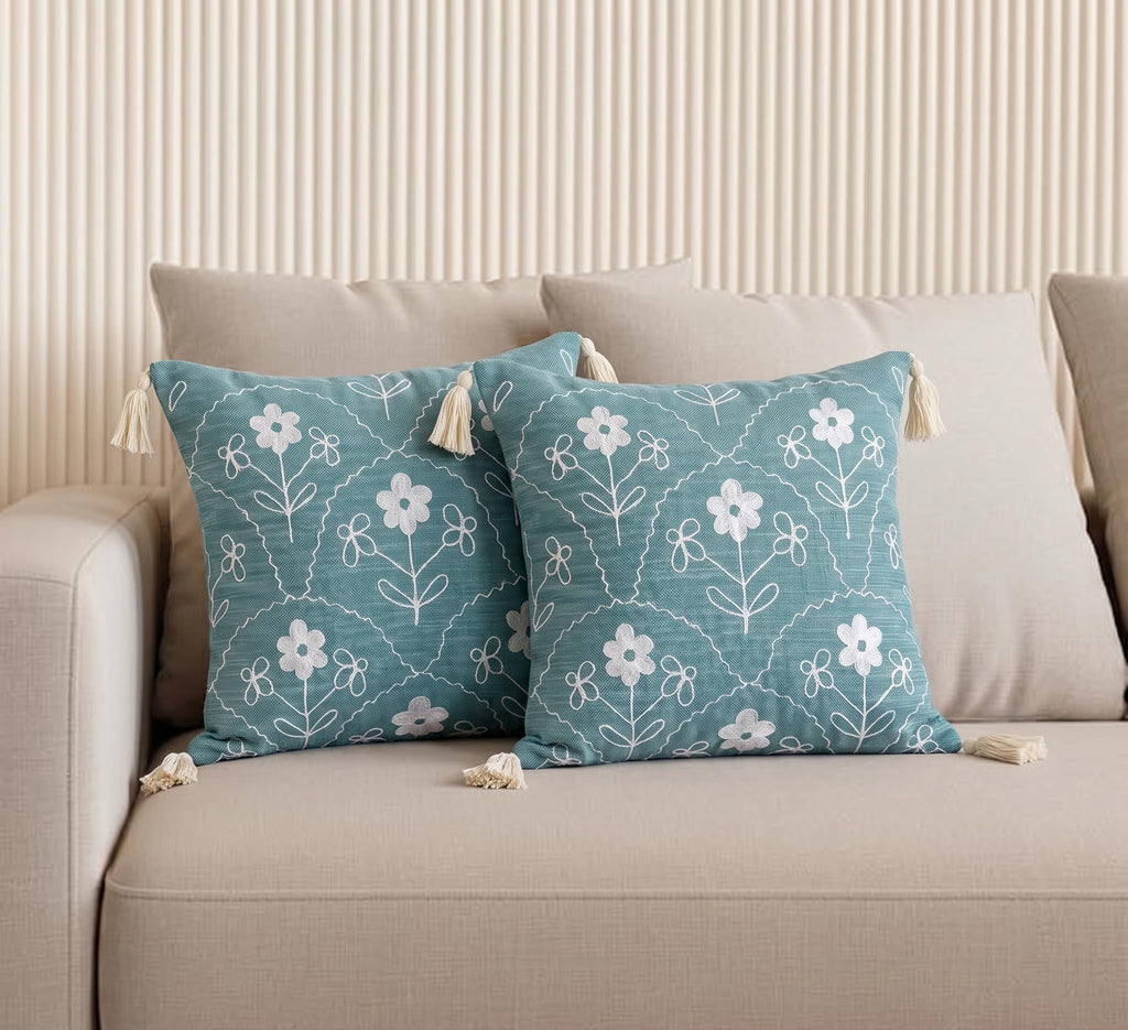 Furnistitchs Handmade Tufted Boho Cushion Covers 12x12 Inches | Embroidered Sofa Pillow Cases | Rustic Bohemian Decorative Throw Cushions for Couch Bedroom Living Room (2, Green Floral Arcs)