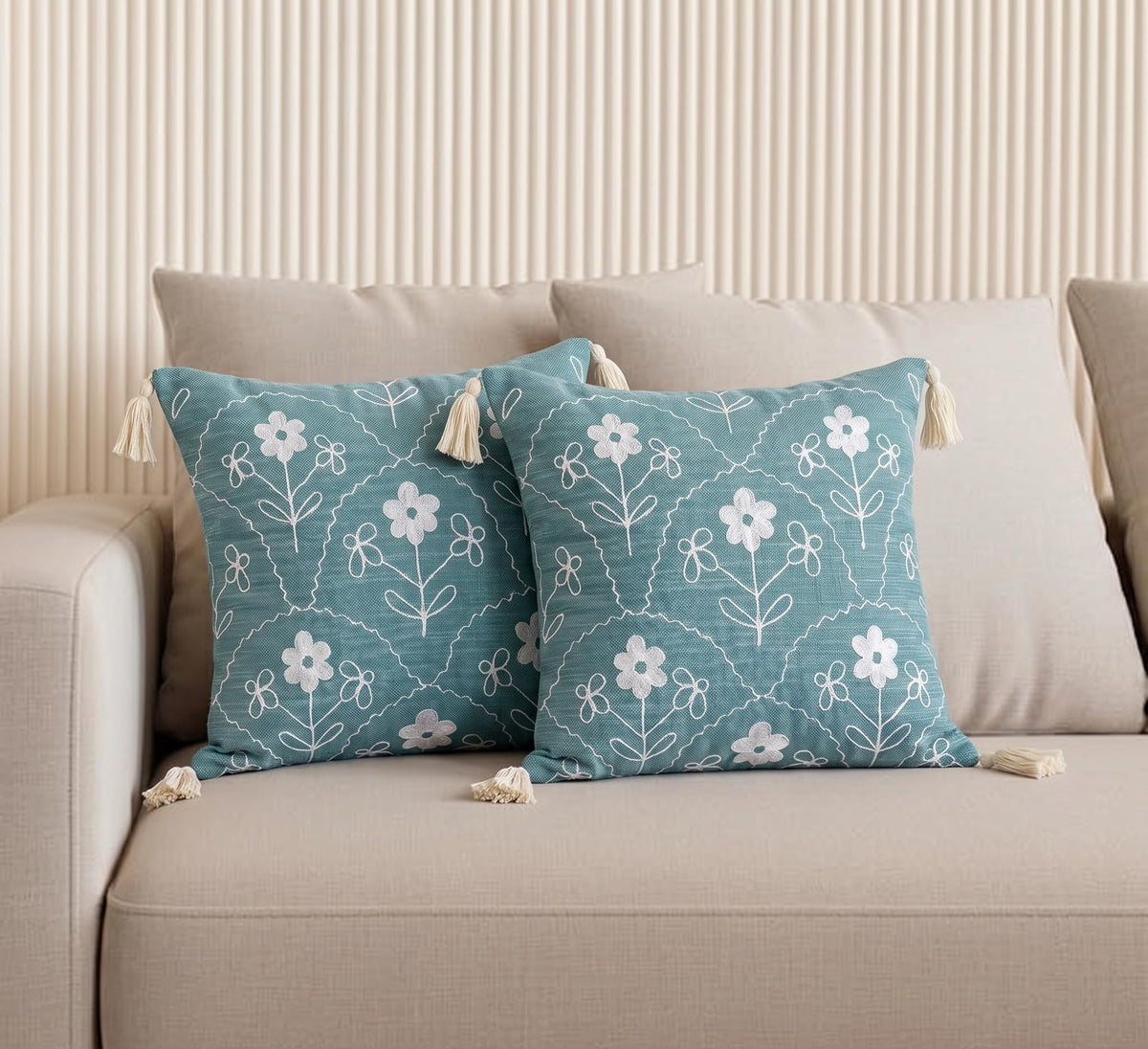 Furnistitchs Handmade Tufted Boho Cushion Covers 12x12 Inches | Embroidered Sofa Pillow Cases | Rustic Bohemian Decorative Throw Cushions for Couch Bedroom Living Room (2, Green Floral Arcs)