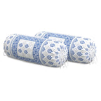 BLOCKS OF INDIA Cotton Hand Block Printed Bolster Cover | Booster Cover with Drawstring | Round Long Pillow Cover for Bed | Dewan Pillow Cover Set 16 X 32 | Set of 2 (Blue Motifs)
