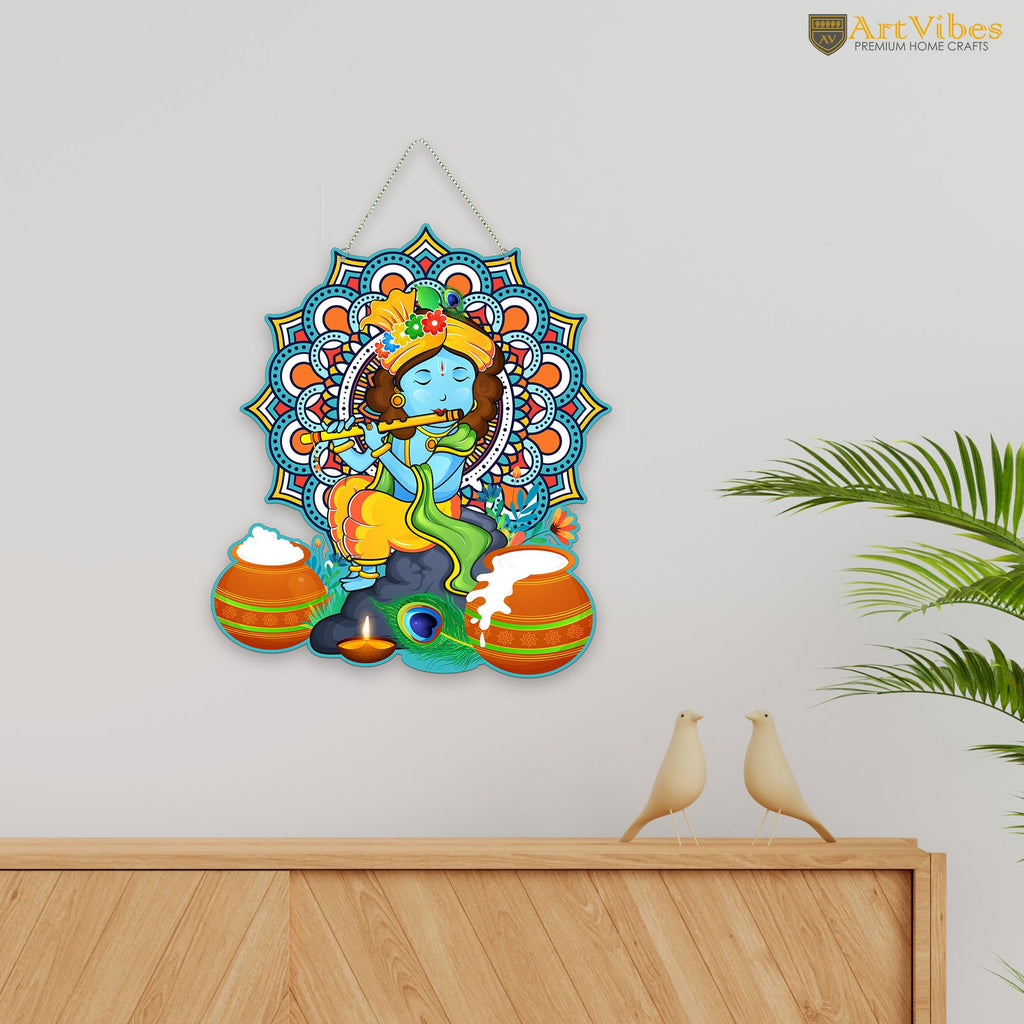 Artvibes Bal Krishna with Flute Wooden Wall Hanger for Home | Living Room | Spiritual Decor Items | Religious Wall Art | Wall Illustrations | Artwork| Stylish Modern Decor Item | Gift Items (WH_8603N)
