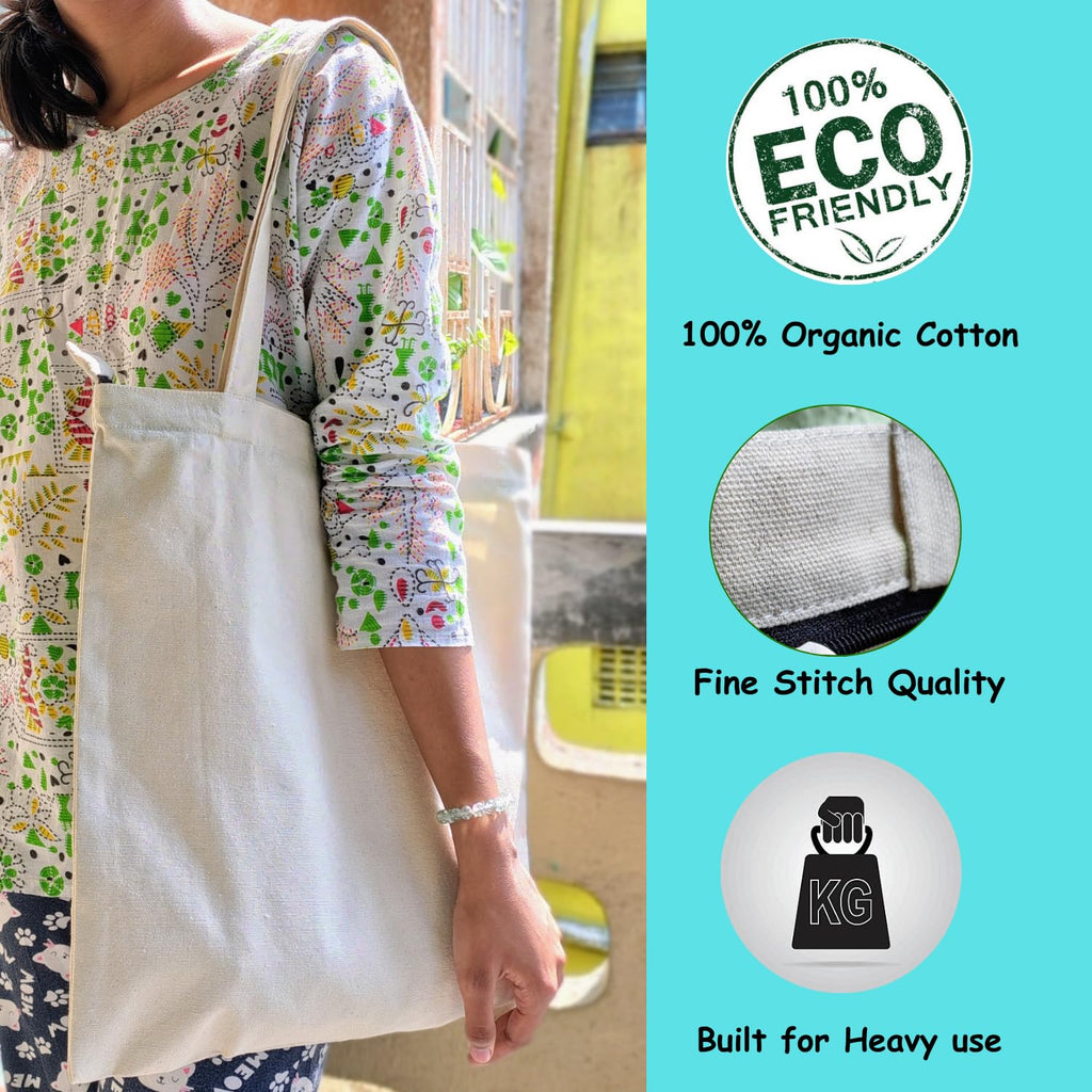 Ecodott Cotton Tote bag with Zipper | Heavy Duty Multi-purpose reusable white canvas bag for Shopping, Painting and Everyday use | 100% Organic Cotton Eco Friendly Grocery Bag | Pack of 10