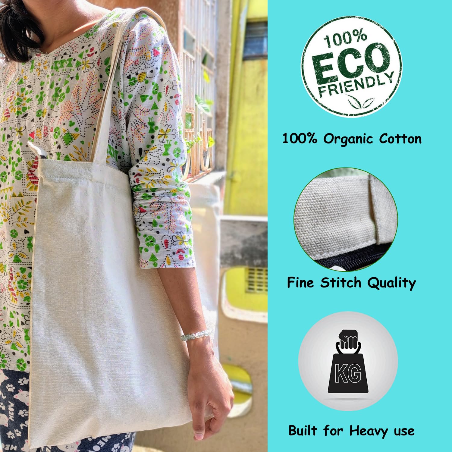 Ecodott Cotton Tote bag with Zipper | Heavy Duty Multi-purpose reusable white canvas bag for Shopping, Painting and Everyday use | 100% Organic Cotton Eco Friendly Grocery Bag | Pack of 10