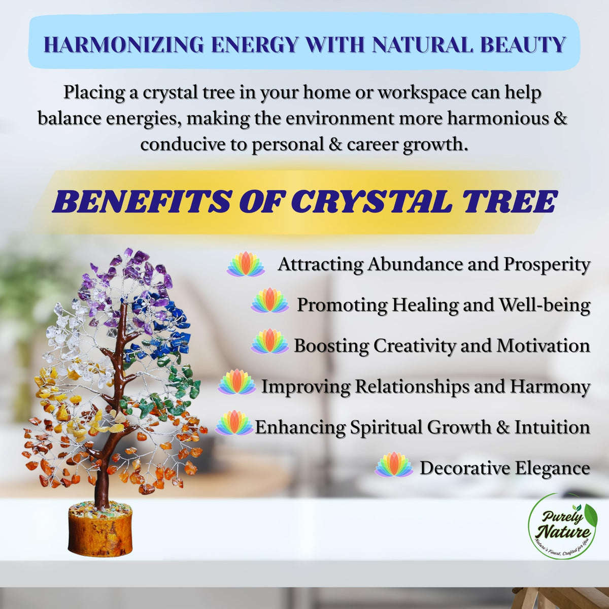 7 Chakra Crystal Tree 300 Beads – Original Natural Gemstones, Healing Bonsai Money Tree of Life for Home Decor, Vastu, Reiki, Feng Shui, Positive Energy, Prosperity & Good Luck
