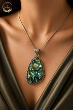BANITHANI Natural Stone Pendant Necklace for Women | German Silver Chain Necklace | Handmade Artisan Jewelry | Premium Fashion Pendant | Daily Wear, Party, Traditional & Casual Gift (Natural Abalone)