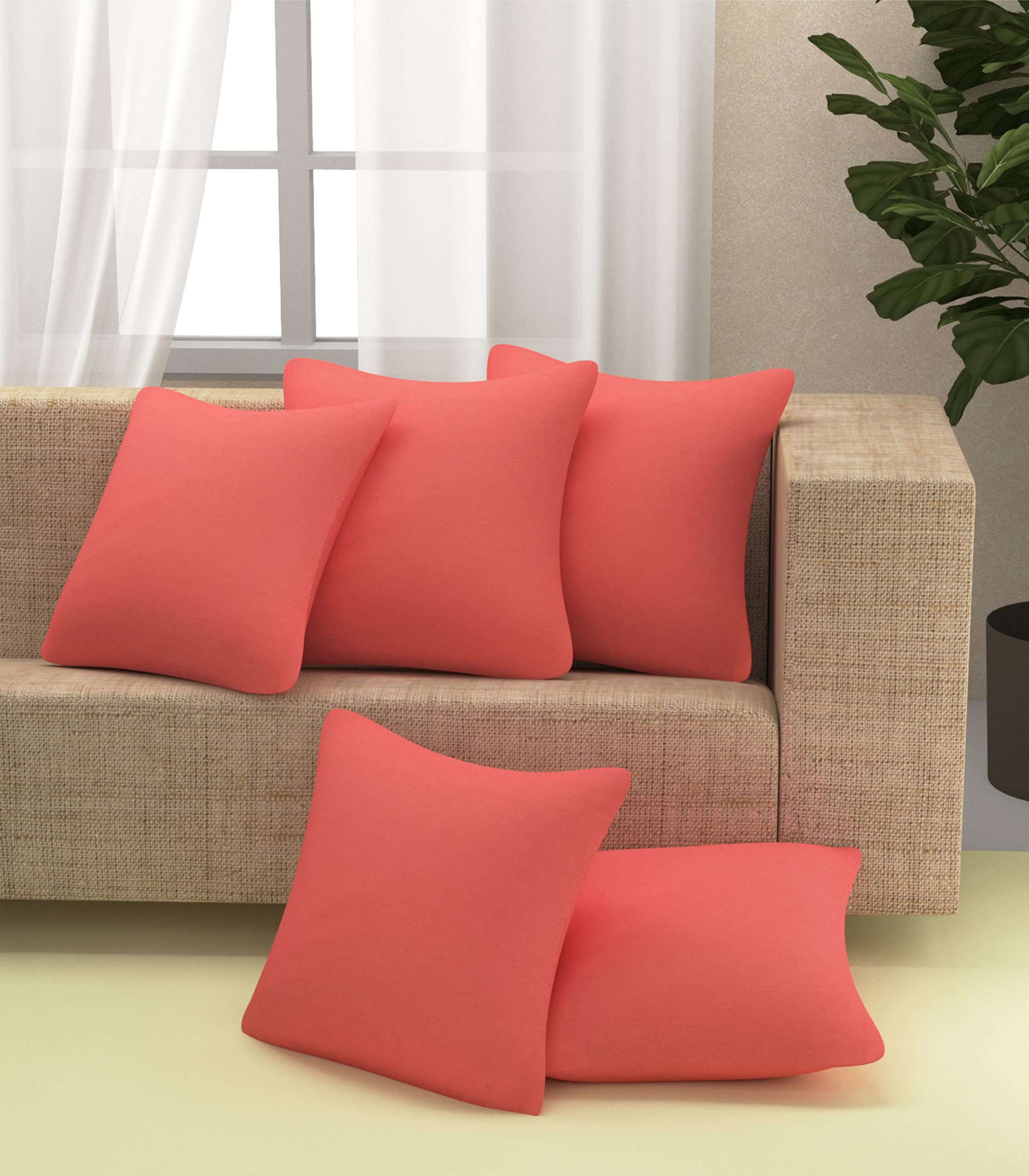 Yellow Weaves Cotton 250 TC Canvas Decorative Cushion Covers, (24 X 24 Inches) Set Of 5, Peach