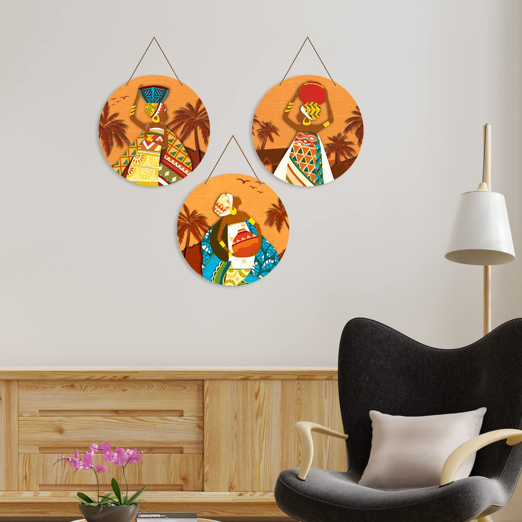 Artvibes African Village Themed Warli Art Round Wooden Wall Hanger for Home Decor | Living Room | Handcrafted Art | Wall Illustrations | Art Prints | Aesthetic Wall Art | Gifts (WH_4201N), Set of 3
