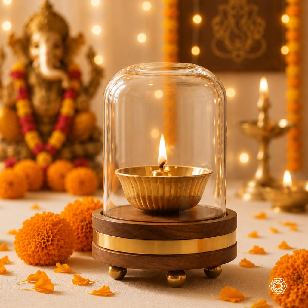 BEHOMA Akhand Brass Diya with Borosilicate Glass Cover & Wooden Base