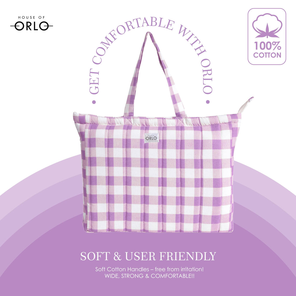 HOUSE OF ORLO Women's Cotton Quilted Bag Check Design Aesthetic Western Tote Bags With Zipper And Double Handles, Daily Use Handbags For College, Travel, Work (Purple-White)