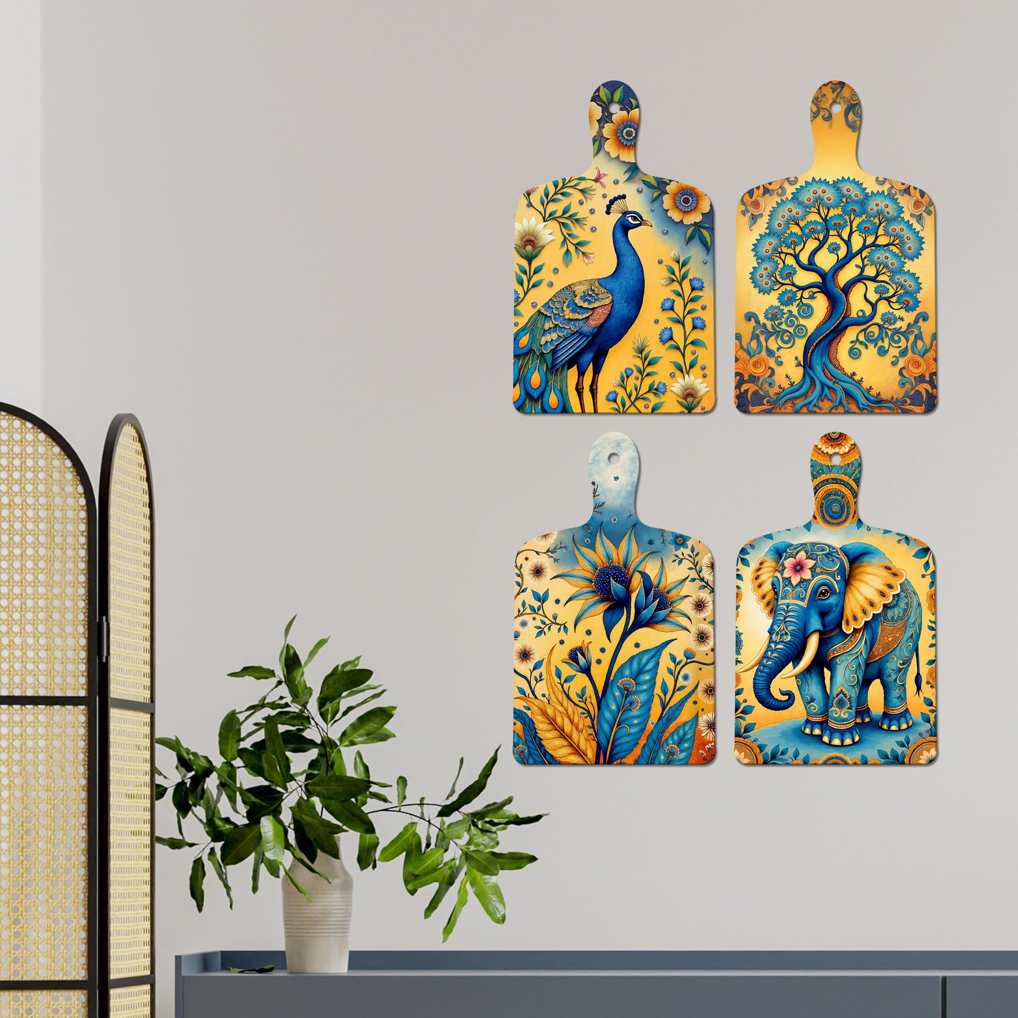 Artvibes Peacock Tree & Elephant Traditional Pichwai Art Decorative MDF Wooden Wall Art for Home | Handcrafted Art | Graphic Artwork | Wall Poster | Sceneries | Unique Gift (WH_5624N), Set of 4