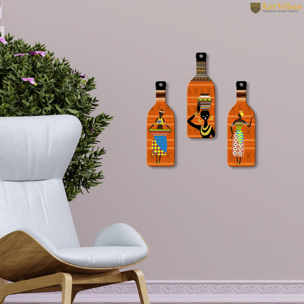 Artvibes African Women Warli Art Decor Bottle shaped Wooden Wall Hanging | Living Room | Handcrafted Art | Wall Poster | Aesthetic Wooden Decor | Art Print | Unique Gift Items (WH_9510N), Set of 3