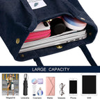Street27 Korean Canvas Corduroy Tote Bag Casual Work Shoulder Handbags, Multi-Purpose Bag, Sturdy Canvas Bag With Large Capacity, Shopping Bag For Office, College & Daily Use (Navy Blue, Womens)