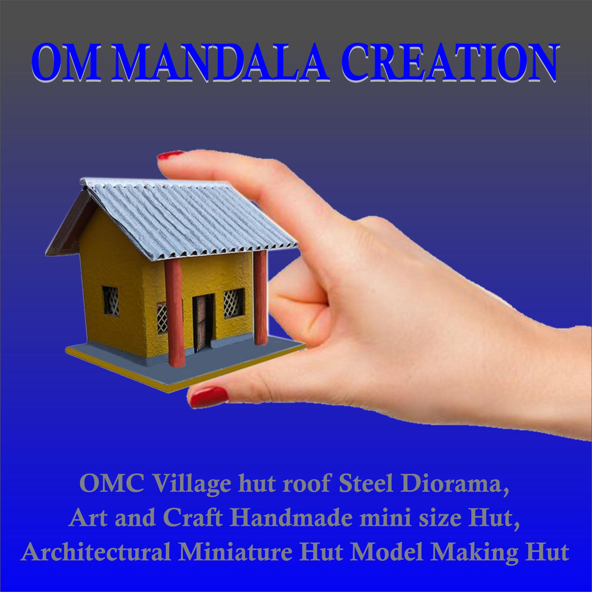 Om Mandala Creation Miniature Village Hut Model with LED Light, 75mm Height, Yellow Acrylic Paint, Corrugated Silver Roof