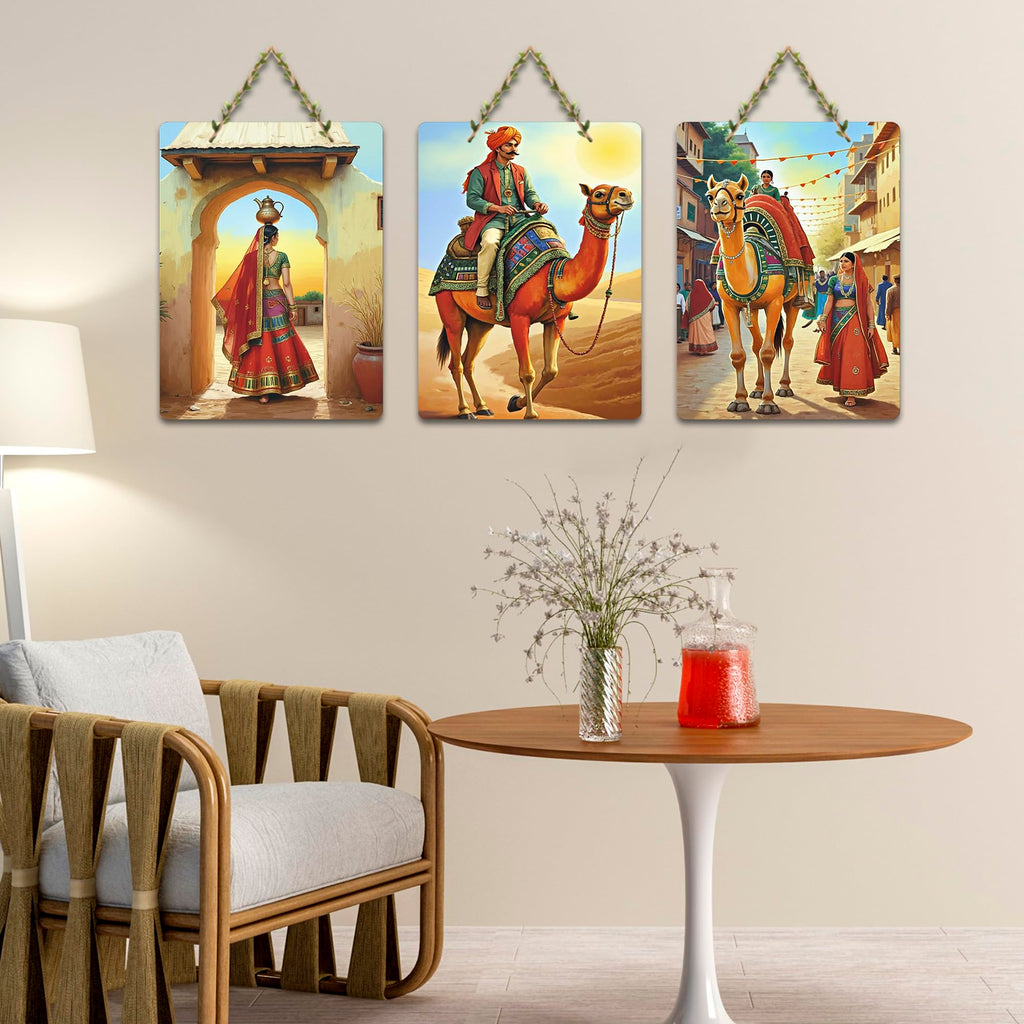 Artvibes Traditional Rajasthani Village Life Theme Decorative Wall Hanging Ornaments | Wall Sculpture | Signs & Plaques | Handcrafted Art | Artwork | Wall Poster | Ideal Gifts (WH_9662N), Set of 3