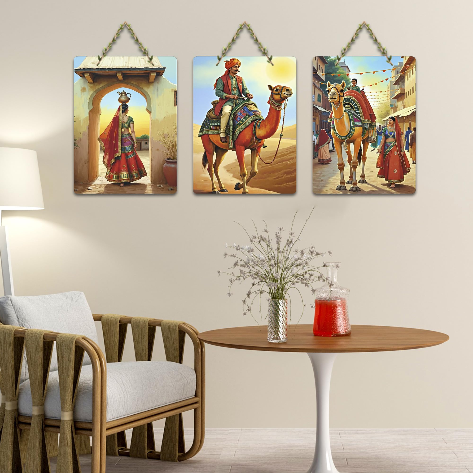 Artvibes Traditional Rajasthani Village Life Theme Decorative Wall Hanging Ornaments | Wall Sculpture | Signs & Plaques | Handcrafted Art | Artwork | Wall Poster | Ideal Gifts (WH_9662N), Set of 3