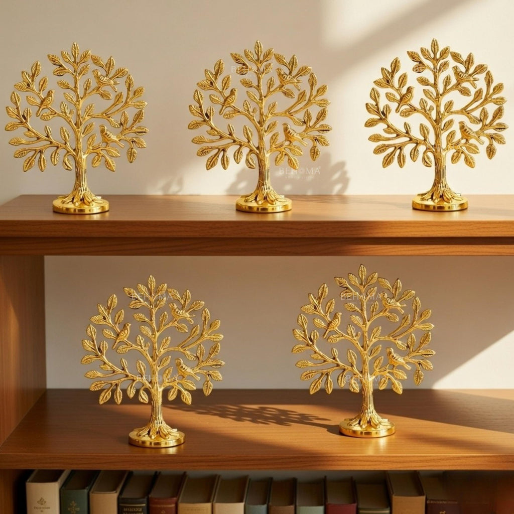 BEHOMA Brass (6 inch) Kalpvriksh Tree with Birds Set - Set of 5
