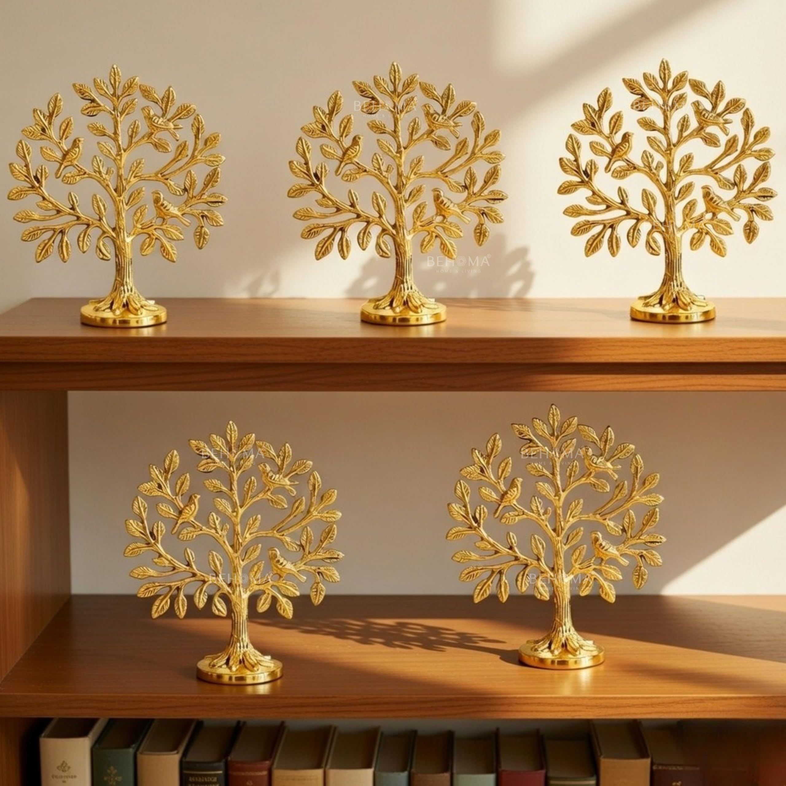 BEHOMA Brass (6 inch) Kalpvriksh Tree with Birds Set - Set of 5