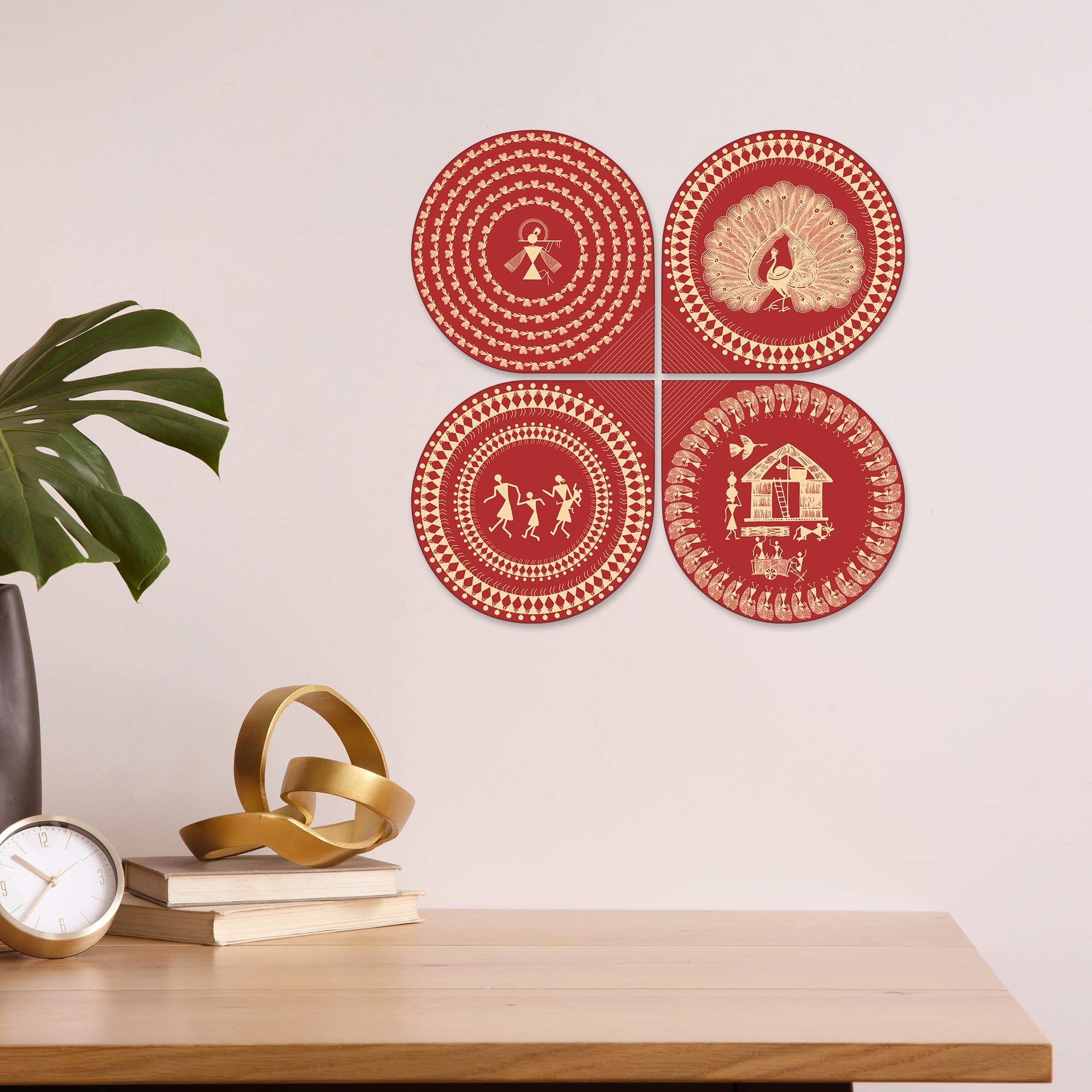 Artvibes Ancient Village Warli Art Decorative Wall Art MDF Wooden Wall Hanger for Living Room | Festive Decor Art | Wall Sculpture | Scenery | Wall Art Print | Unique Gift Items (WH_8466N), Set of 4