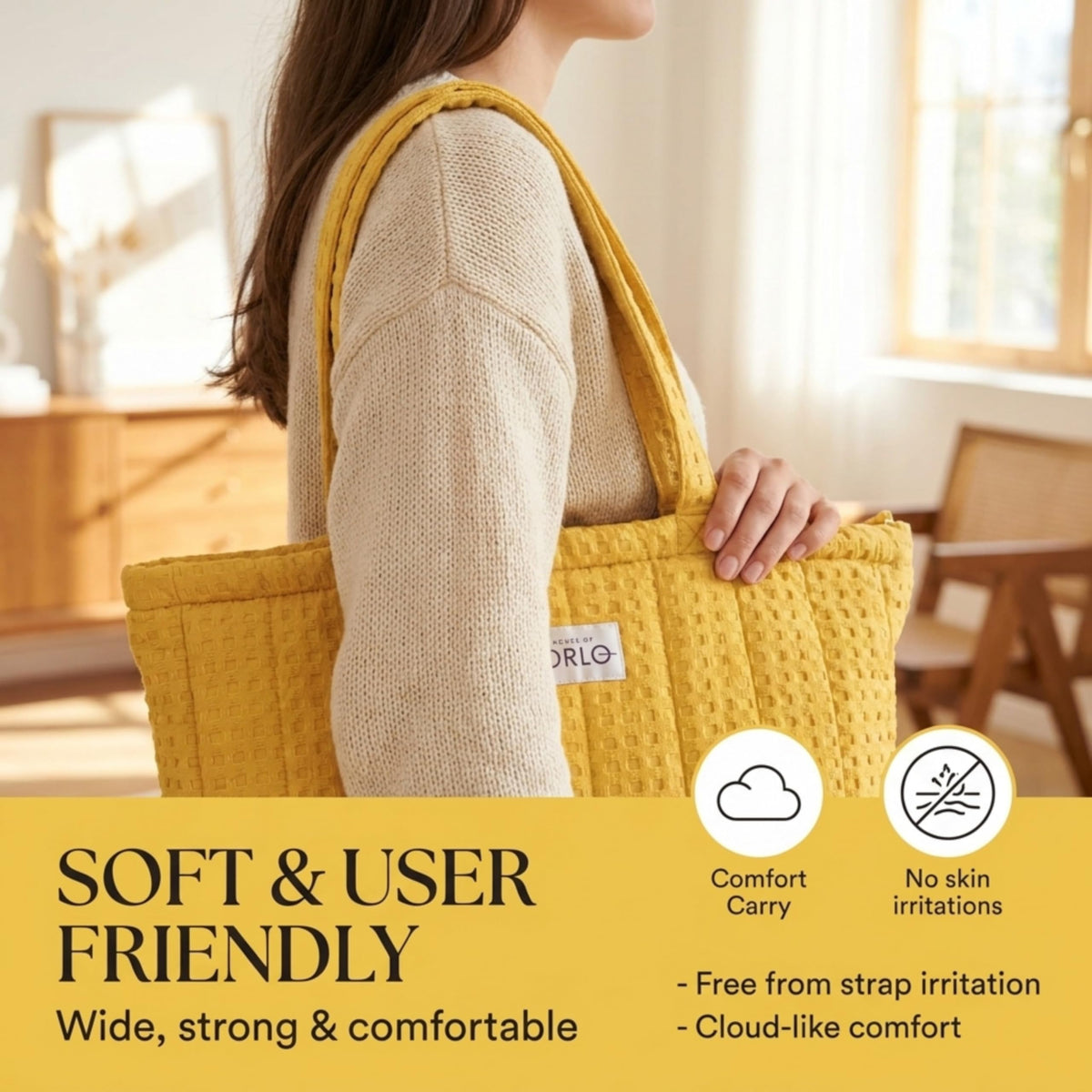 HOUSE OF ORLO Women's Cotton Quilted Aesthetic Tote Bags, Waffle Weave Handmade with Zipper & Double Handles for Women & Girls, Daily Use Handbags for College/Travel/Work (Mustard-Yellow)