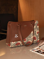 ZOUK Nawabi Couture Office Essential Bag | Jute | Vegan Leather Handcrafted Tote Bag With Double Handle Shoulder Strap| Beige and Red