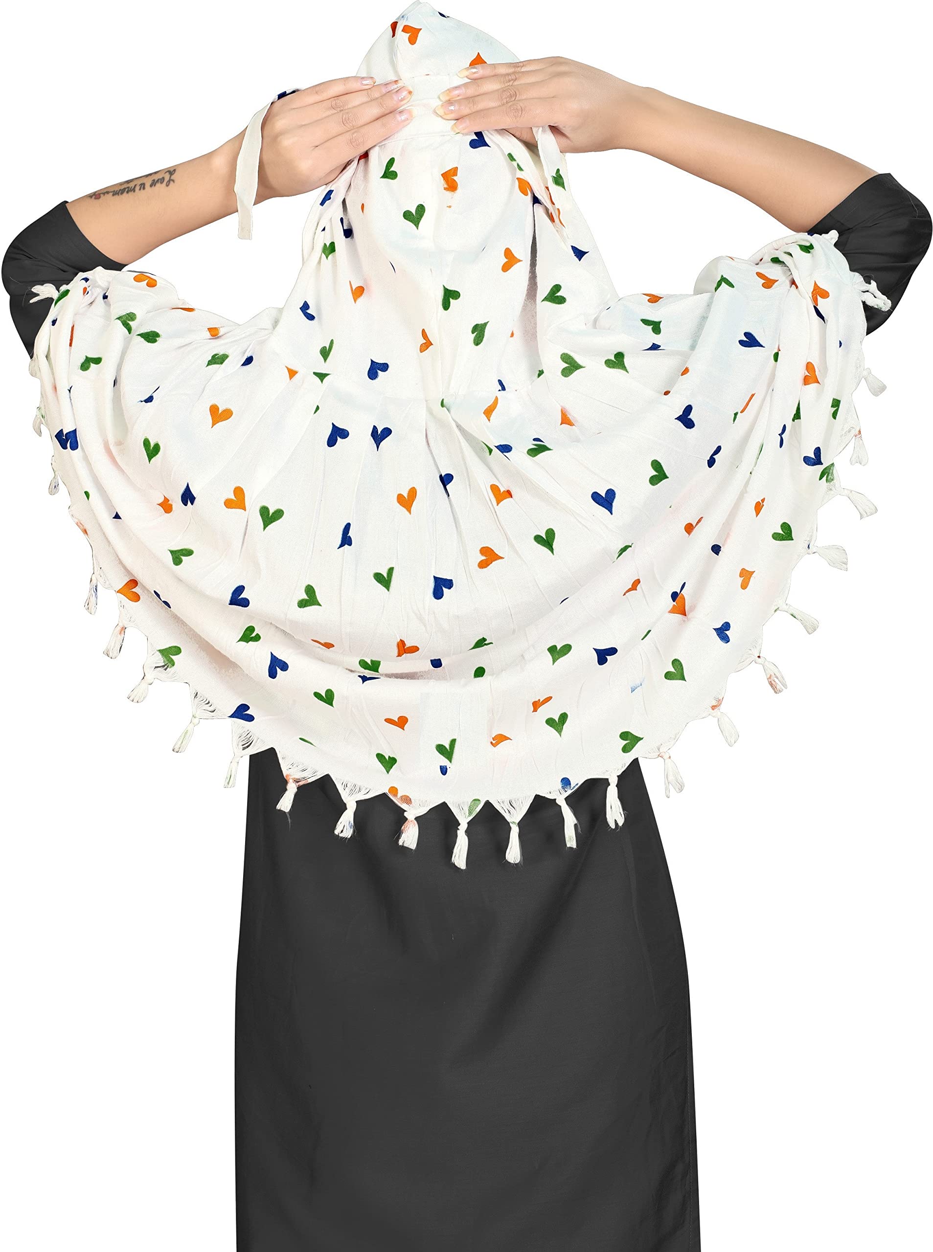 Sclout Female Cotton Breathable Sun Protection Scarf Dupatta Usable For Vehicle Driver | White Printed Design | Universal Size | For Girl & Women | Light Weight (Heart Print)