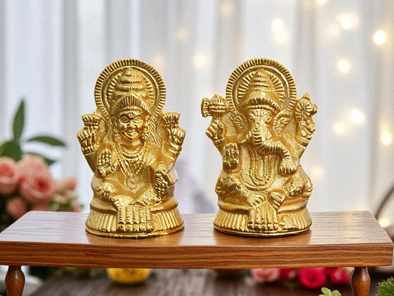 KridayKraft Metal Lakshmi & Ganesha Idol Pair – Gold-Finish Mini Statues (7.5 cm × 4 cm Each), 160 g – Auspicious Home Puja Decor & Diwali Gift