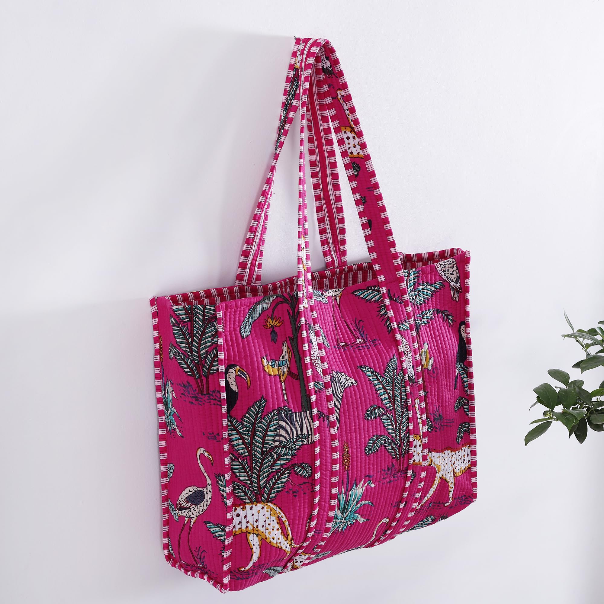 Ravaiyaa - Attitude is everything Women & Man Beautiful Printed Cotton Grocery Shopping Bag | Shoulder Bag | Cotton Tote Bag | Travel Tote Bags 18x5.5x16 Inch (Pink Forest)