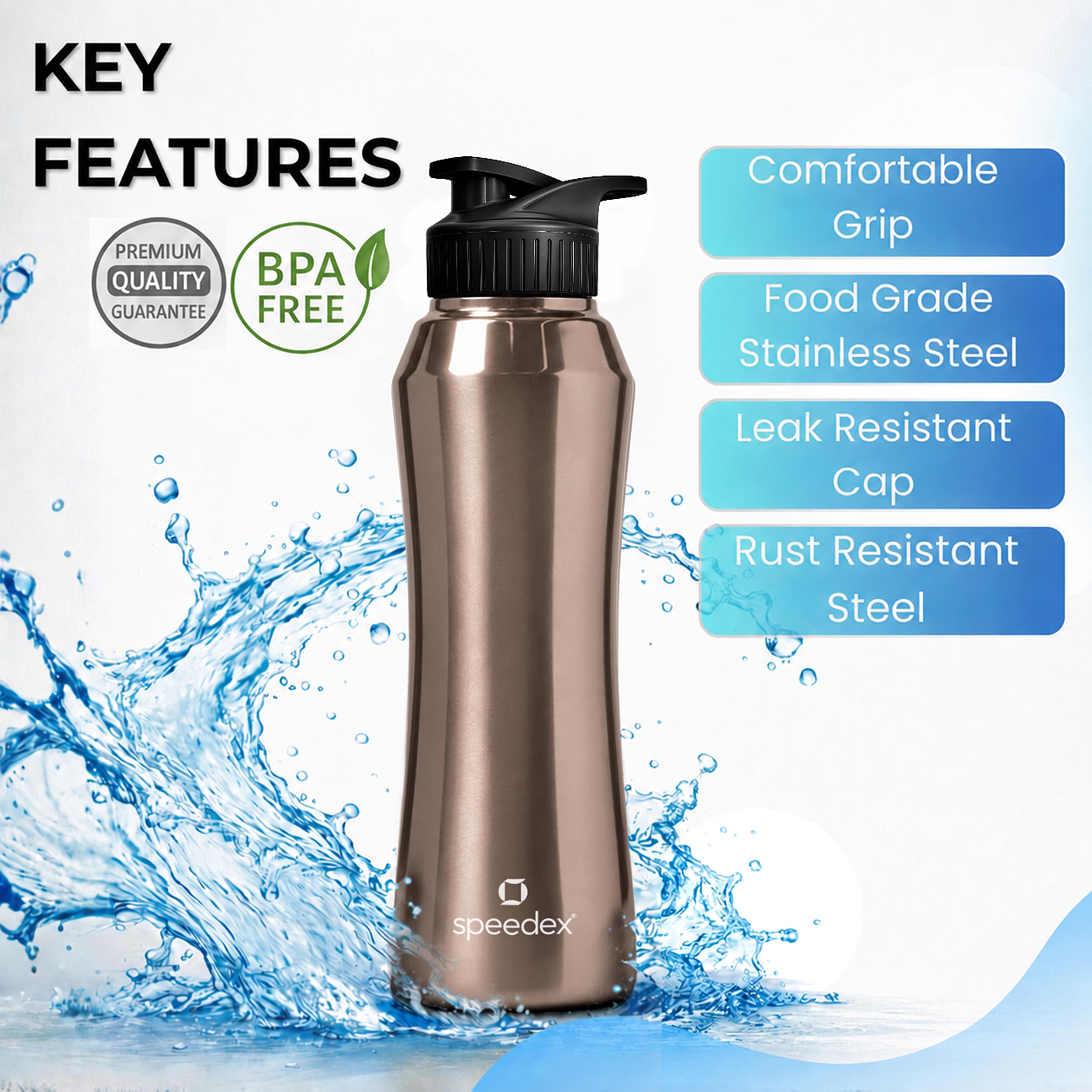Speedex Stainless Steel Water Bottle 1 Ltr, Leak Proof Sipper Cap, BIS Approved 1000 ml Metal Bottle For Daily, Office, School, Gym, Travel Use for Men, Women, Kids, Adults, Copper Gold, Set of 2
