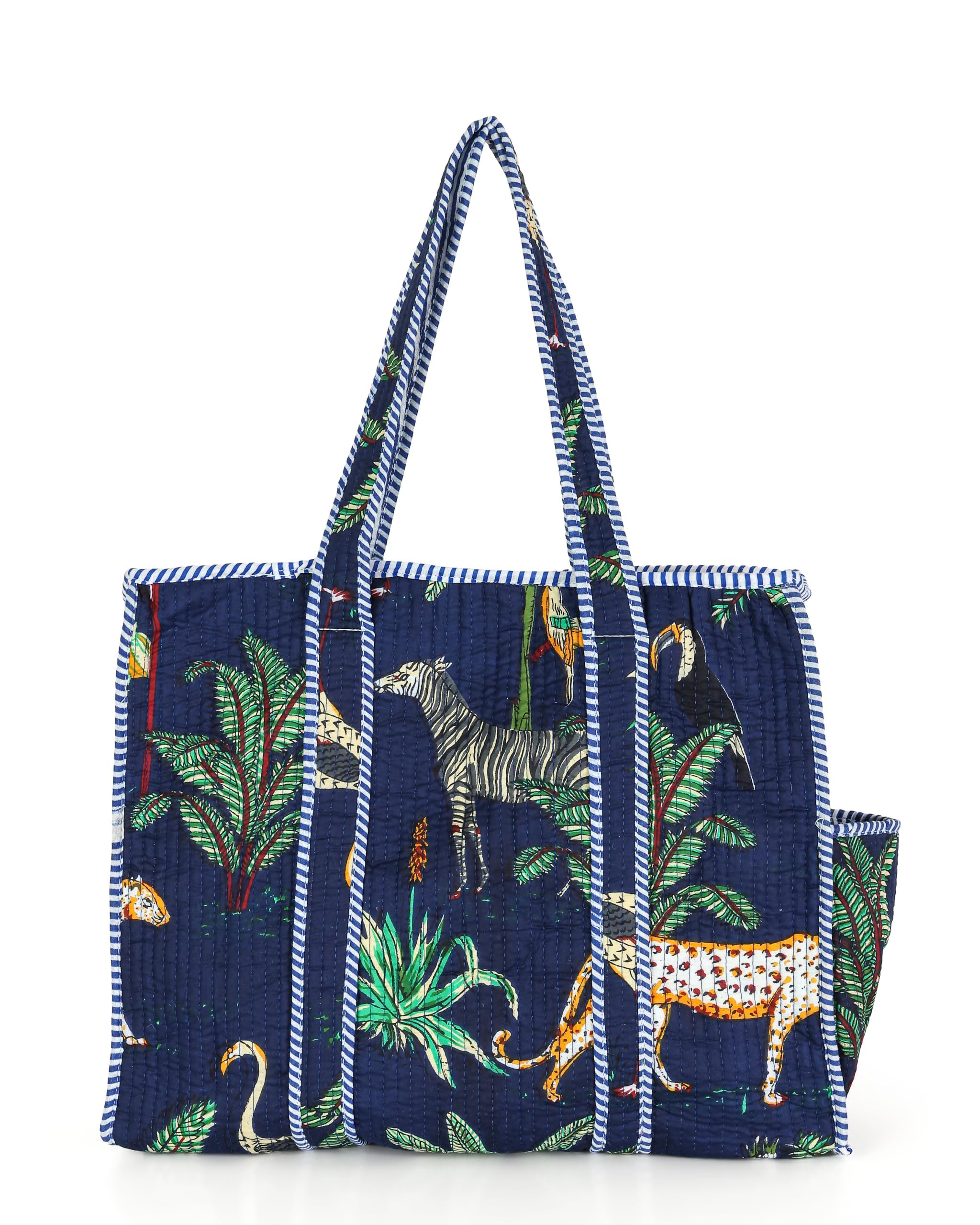 NIKAVIK Quilted Cotton Tote bag – Exotic Animal Print Foldable and Ideal for Travel Shopping Beach Trips or Daily Essentials (Blue)