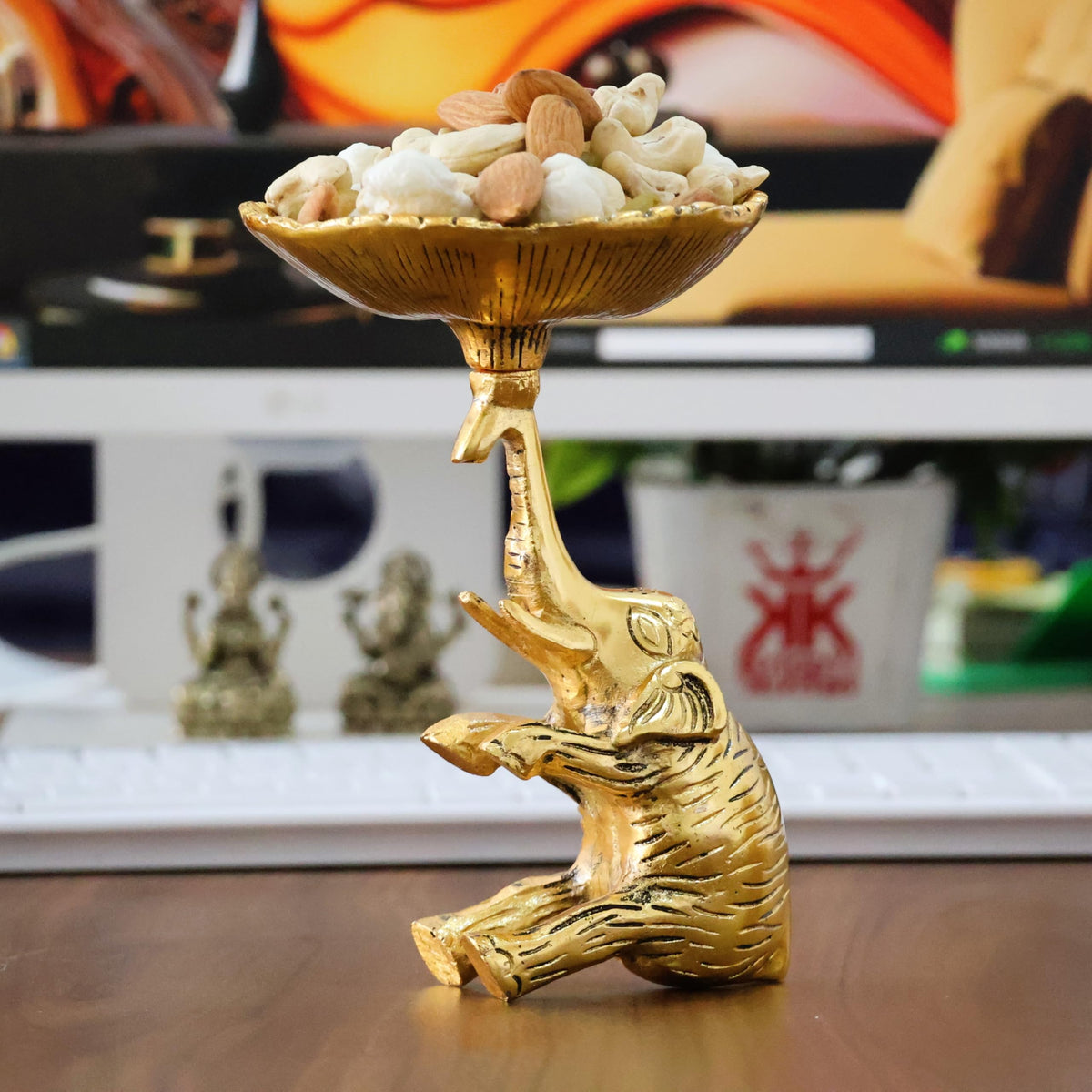 KridayKraft Metal Baby Elephant Trunkup Showpiece Dry Fruit Bowl Showpiece Silver Polish for Your Home,Office Table Decorative,Elephant Showpiece Bowl for Gift,Animal Figurines