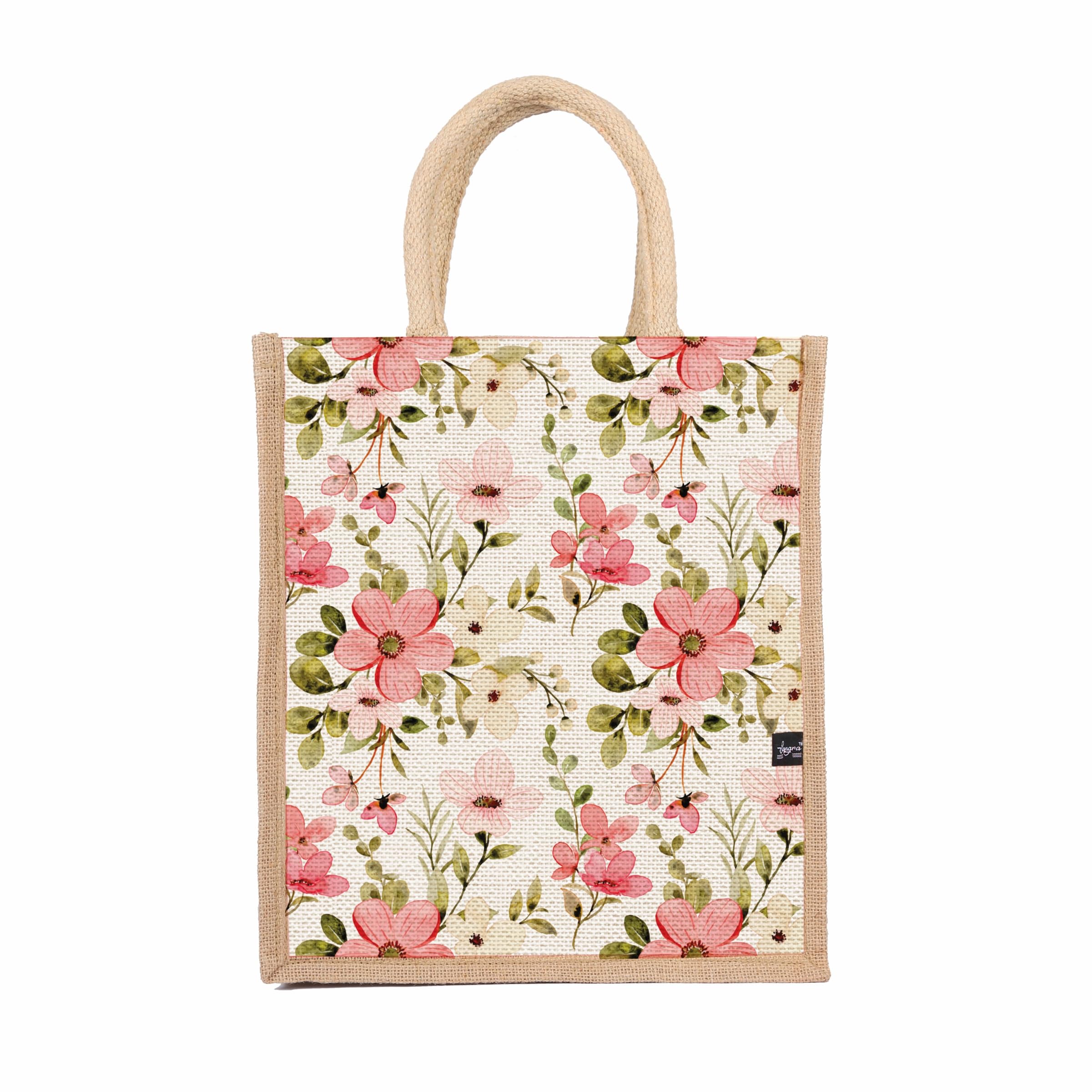 Sangra Multicolor Jute bag for Women and Men Lunch Bag with Zip and Handle (Flower Pattern)