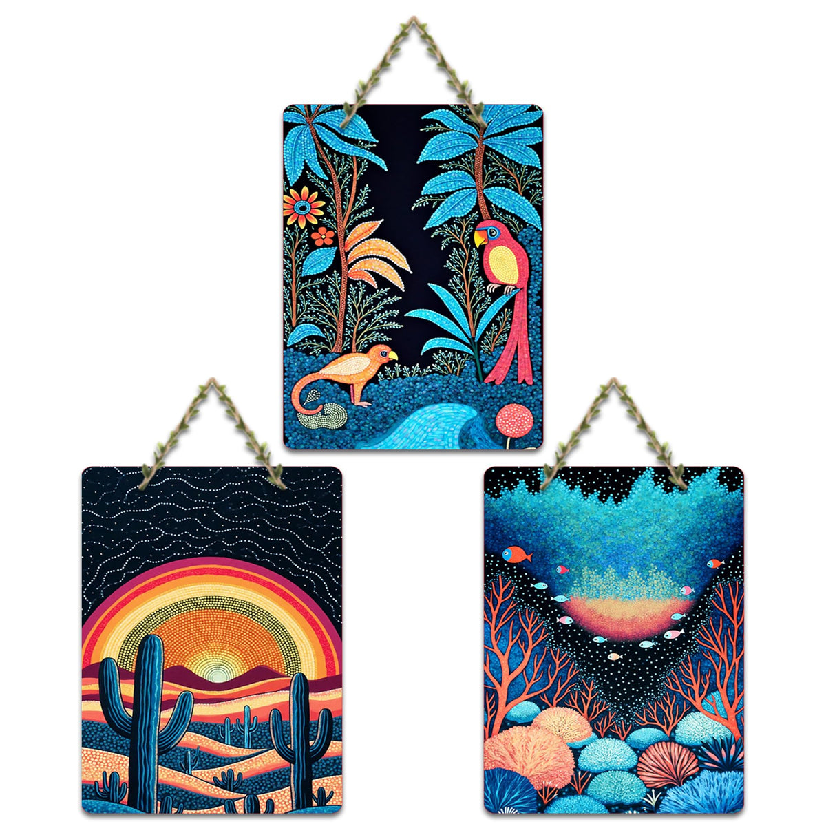 Artvibes Colorful Nature Decoration Decorative Wall Hanging Ornaments | Living Room | Office | Wall Art Painting For Hall | Graphic Artwork | Wall Art Print | Unique Gift Items (WH_9612N), Set of 3