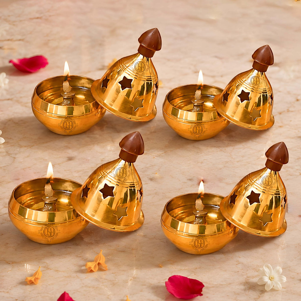 Brass Diya Pure Brass Traditional Oil Puja Lamp for Temple, Mandir, Festival Decoration, Home Decor & Diwali Gift (Star Dome, Set of 4)