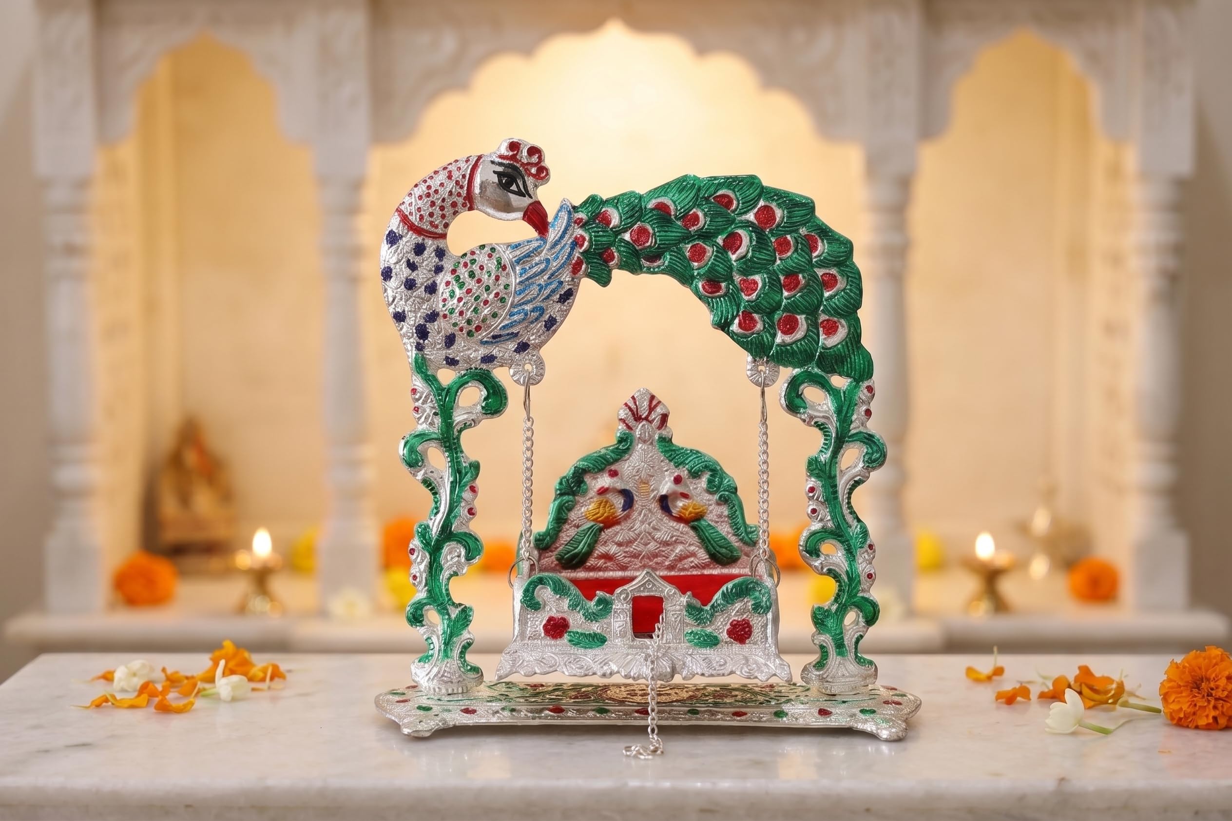 KridayKraft Silver Plated & Multicolour Peacock Design Jhula for Laddu Gopal | Decorative Metal Palna for Home Temple & Janmashtami Puja (23 x 21.5 cm, 460 g)