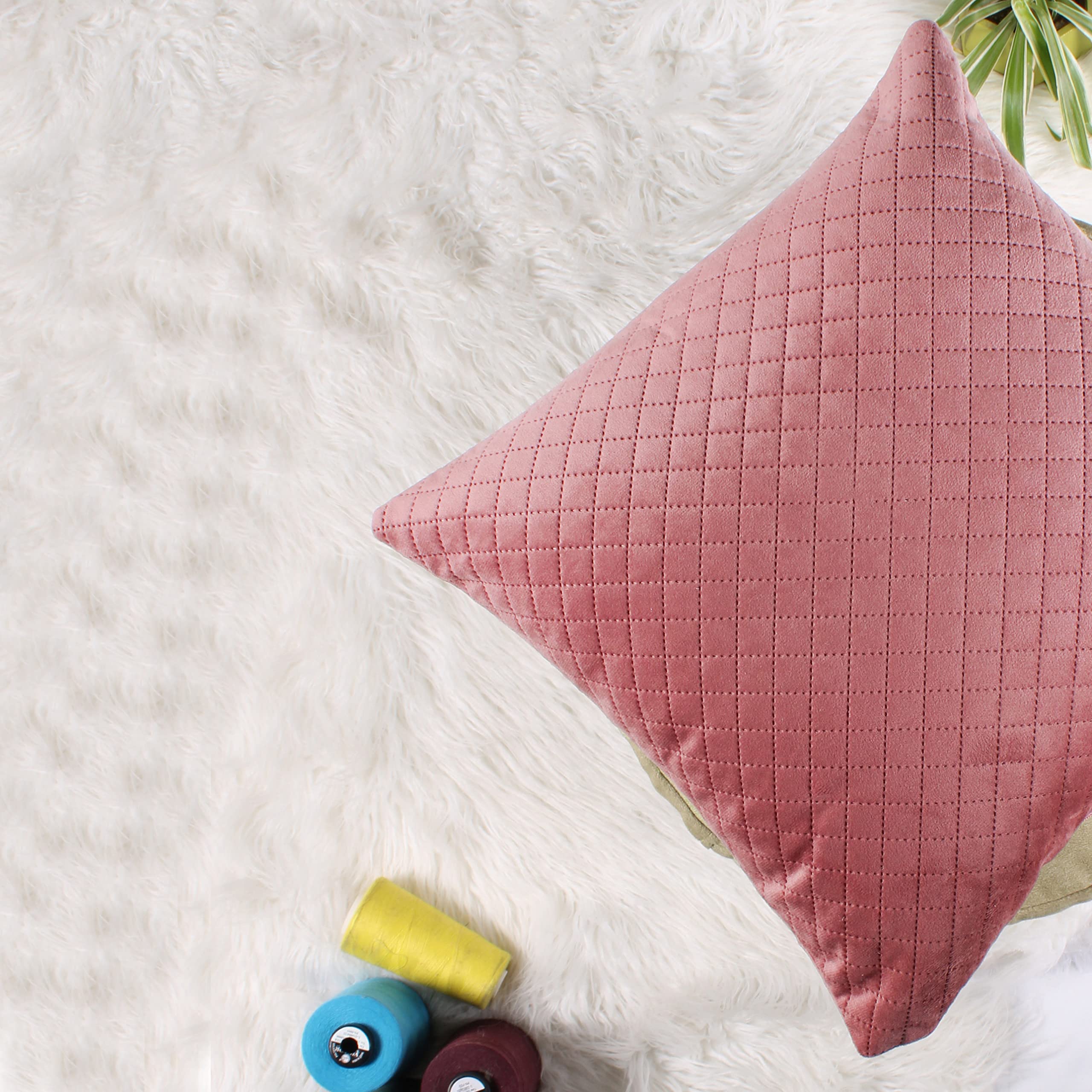 STITCHNEST Quilted Velvet Cushion Covers Set of 2 | Soft Peach | 16x16 Inches | Premium Sofa & Living Room Décor