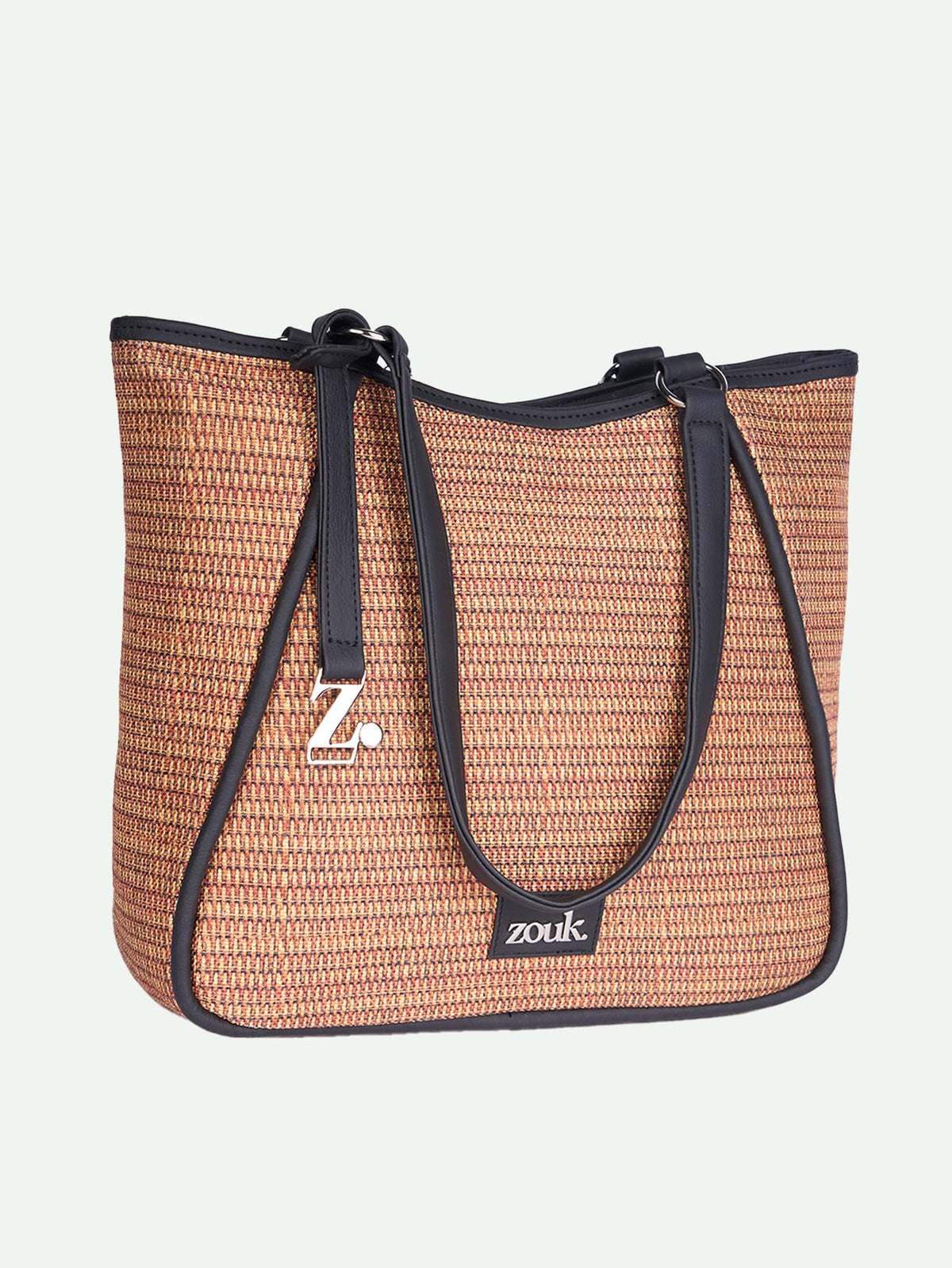 ZOUK Naisha Golden Brown Weave Tote Bag for Women | Vegan Leather Large Shoulder Handbag with Bottle Holder, Multiple Pockets & Water-Resistant Lining | Office, Travel & Daily Use | Bombay Macrame