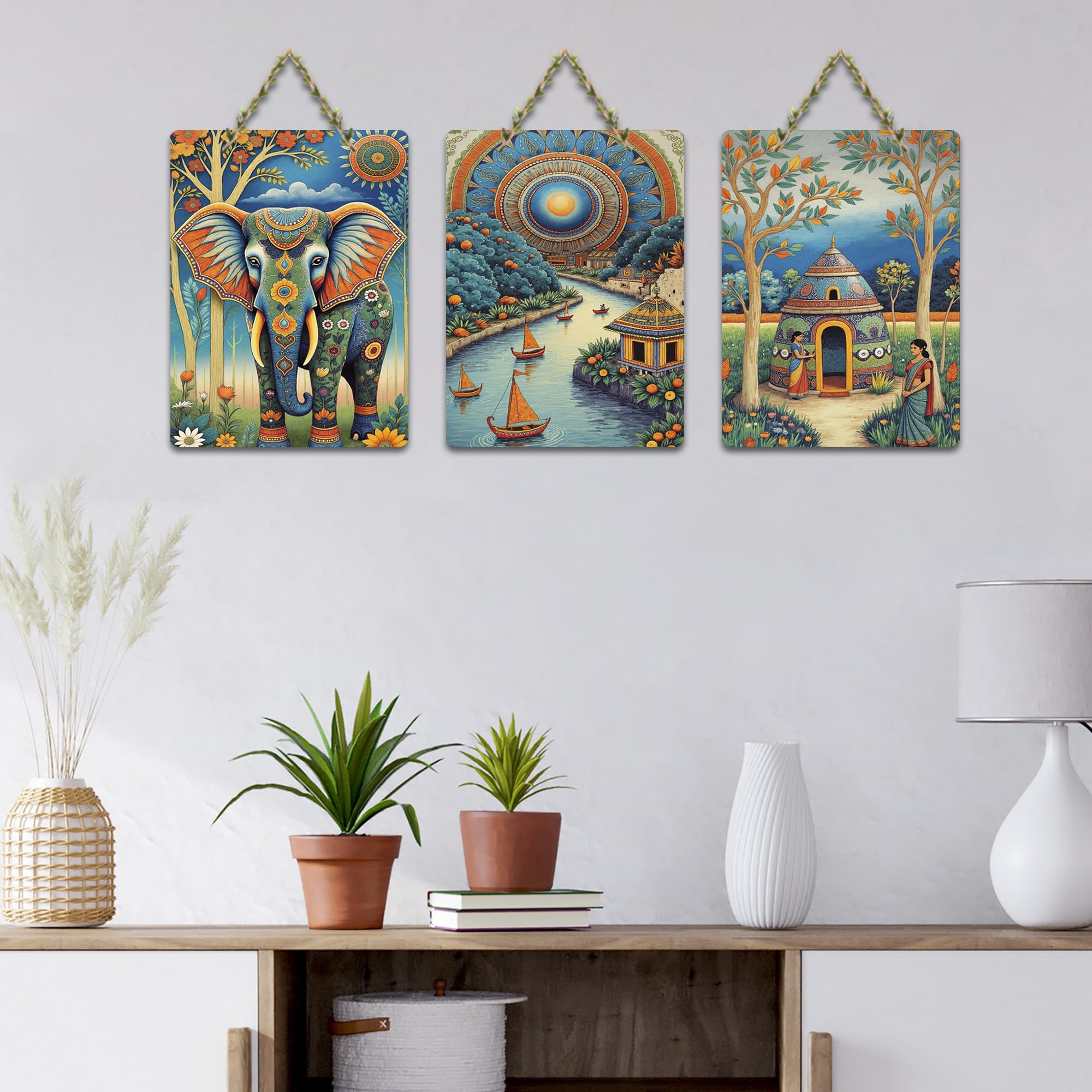 Artvibes Elephant & Colorful Indian Folk Art Decorative MDF Wooden Wall Art for Home | Printed Wall Decoration | Graphic Artwork | Aesthetic Wooden Decor | Sceneries | Unique Gift (WH_9669N), Set of 3