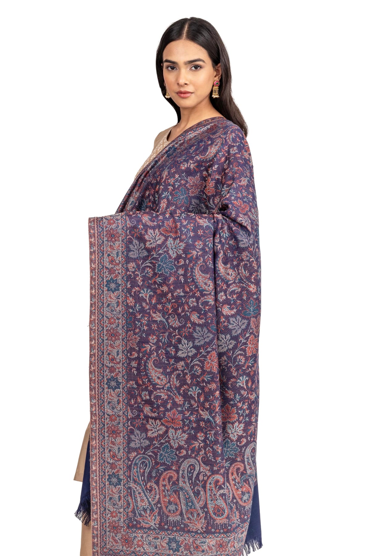 Naureen Women Faux Pashmina Kashmiri Jamawar Shawl, Warm and Soft, 40x80 inch (Navy)