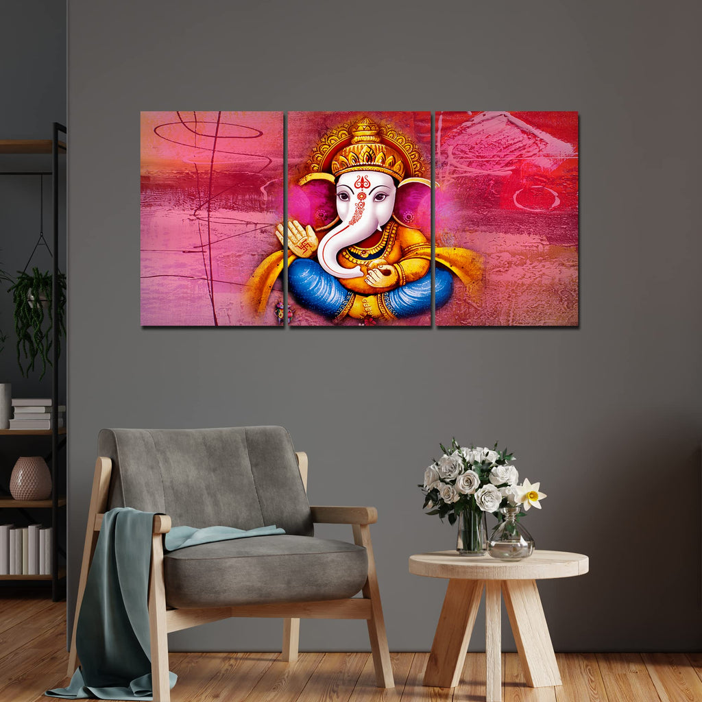 VIBECRAFTS 3 Pieces Beautiful Bal Ganesh Canvas Wall Painting Fitted With Wooden Frame For Home | Office | Living Room | Gifts(PTVC3Pcs3_11512)