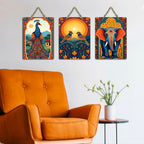 Artvibes Elephant Birds And Peacock Aesthetic Modern Art Decorative Wall Art MDF Wooden Wall Hanger for Home | Home Decor | Wall Accent | Wall Illustrations | Ideal Gifts (WH_9640N), Set of 3