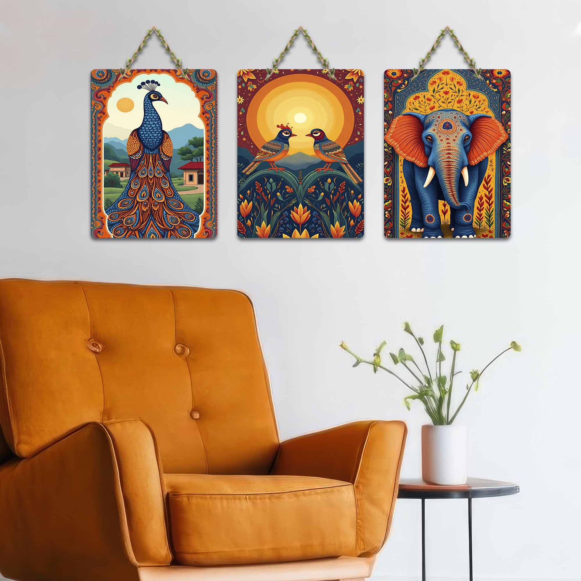 Artvibes Elephant Birds And Peacock Aesthetic Modern Art Decorative Wall Art MDF Wooden Wall Hanger for Home | Home Decor | Wall Accent | Wall Illustrations | Ideal Gifts (WH_9640N), Set of 3