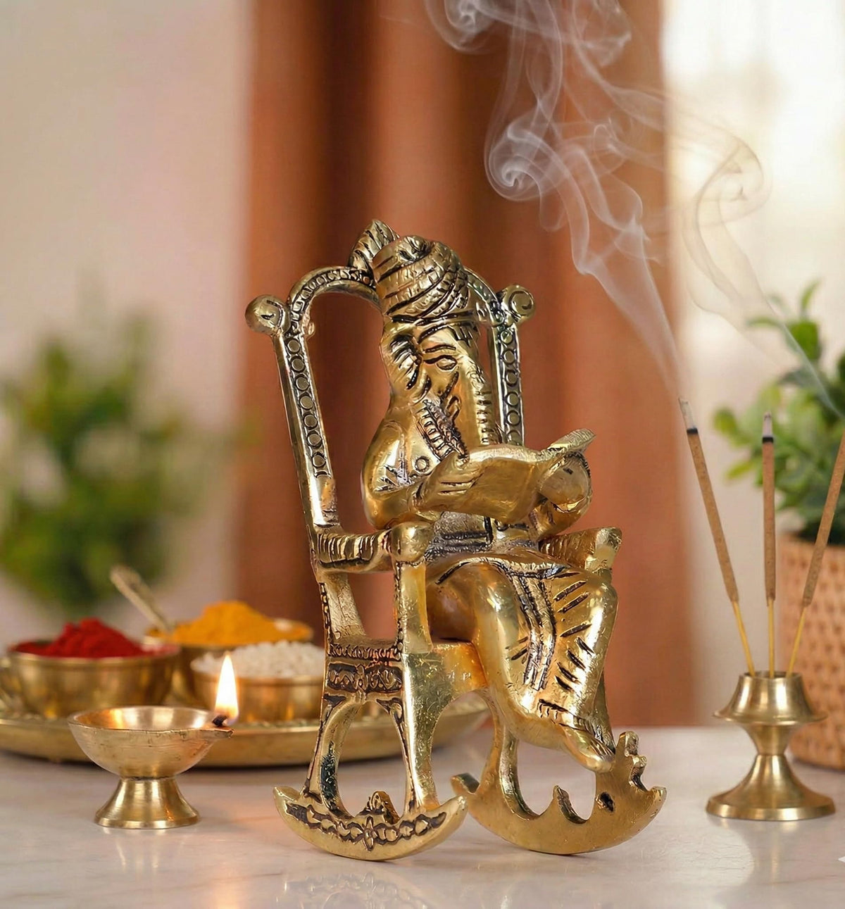 KridayKraft Metal Chair Ganesh ganpati Idol with Reading Ramayan Home Decoration and Gifts for Your Love Once