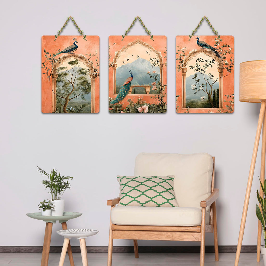 Artvibes Peacock for Bedroom Wall Decor Decorative Wall Hanging Ornaments | Wall Sculpture | Signs & Plaques | Handcrafted Art | Wall Art Print | Art For Wall | Unique Gift Items (WH_96104N), Set of 3