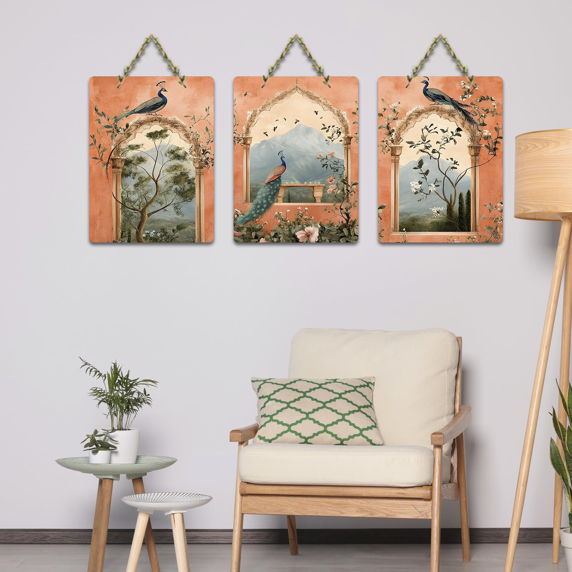 Artvibes Peacock for Bedroom Wall Decor Decorative Wall Hanging Ornaments | Wall Sculpture | Signs & Plaques | Handcrafted Art | Wall Art Print | Art For Wall | Unique Gift Items (WH_96104N), Set of 3